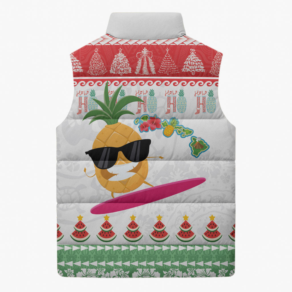 Hawaiian Mele Kalikimaka Sleeveless Puffer Jacket Funny Pineapple Surfing with Map Christmas Stripe Elements LT03 - Polynesian Pride