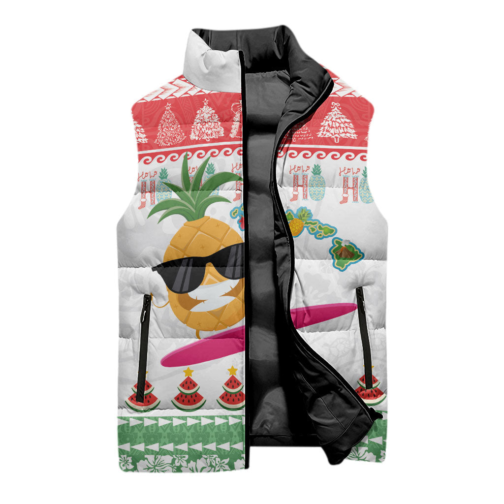 Hawaiian Mele Kalikimaka Sleeveless Puffer Jacket Funny Pineapple Surfing with Map Christmas Stripe Elements LT03 - Polynesian Pride