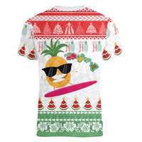 Hawaiian Mele Kalikimaka Women V-Neck T-Shirt Funny Pineapple Surfing with Map Christmas Stripe Elements LT03 - Polynesian Pride