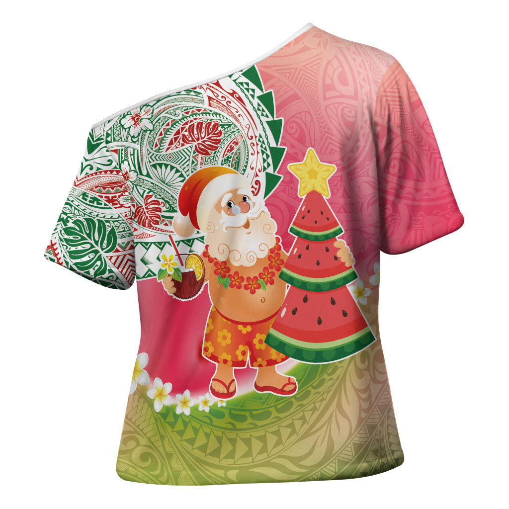 Hawaiian Watermelon Mele Kalikimaka Cross Shoulder Shirt Tropical Tribal Pattern with Funny Santa Claus LT03 - Polynesian Pride