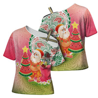 Hawaiian Watermelon Mele Kalikimaka Cross Shoulder Shirt Tropical Tribal Pattern with Funny Santa Claus LT03 - Polynesian Pride