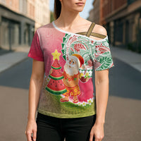 Hawaiian Watermelon Mele Kalikimaka Cross Shoulder Shirt Tropical Tribal Pattern with Funny Santa Claus LT03 - Polynesian Pride