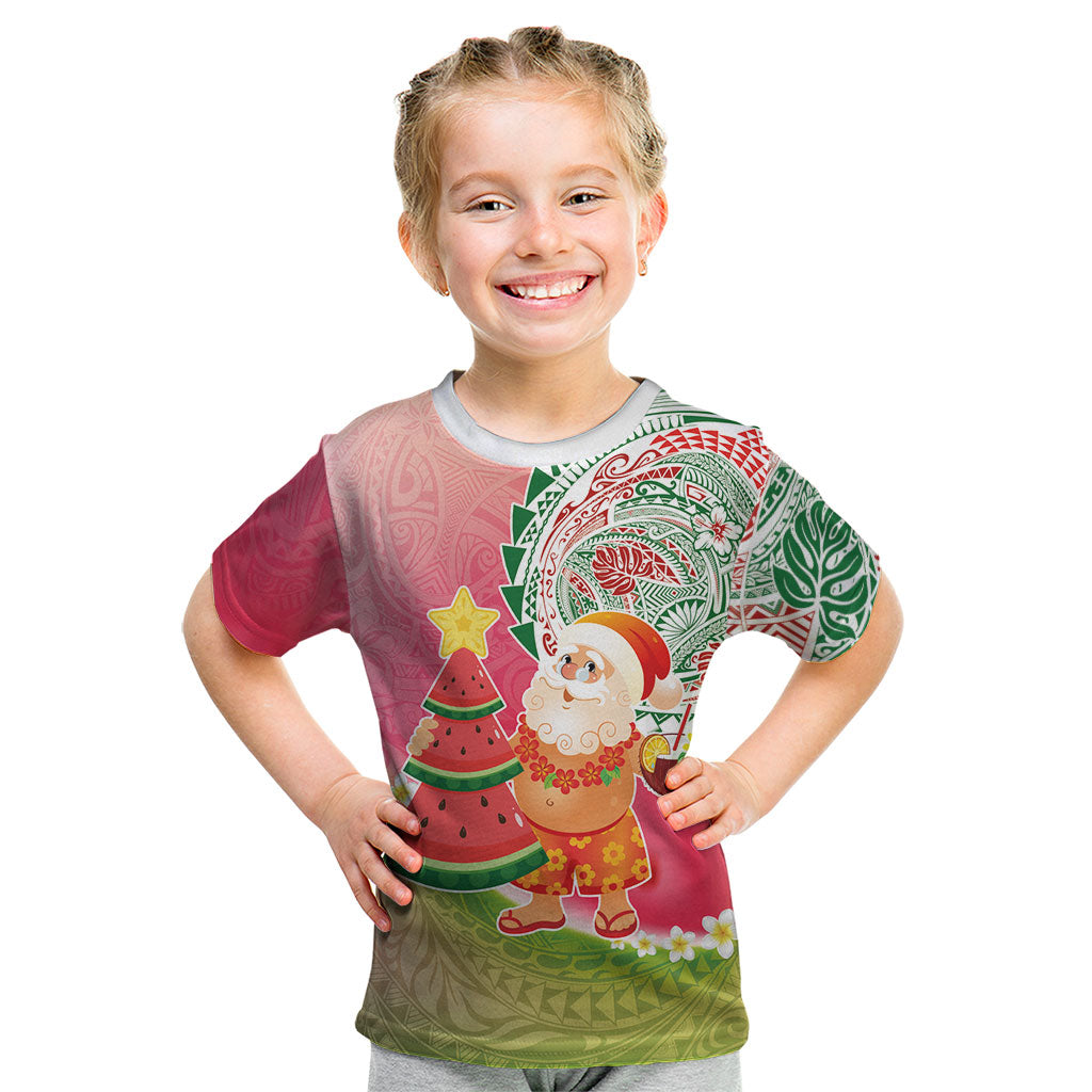 Hawaiian Watermelon Mele Kalikimaka Kid T Shirt Tropical Tribal Pattern with Funny Santa Claus LT03 Multicolor - Polynesian Pride