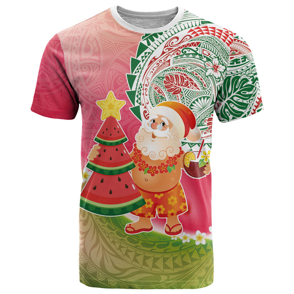 Hawaiian Watermelon Mele Kalikimaka T Shirt Tropical Tribal Pattern with Funny Santa Claus LT03 Multicolor - Polynesian Pride