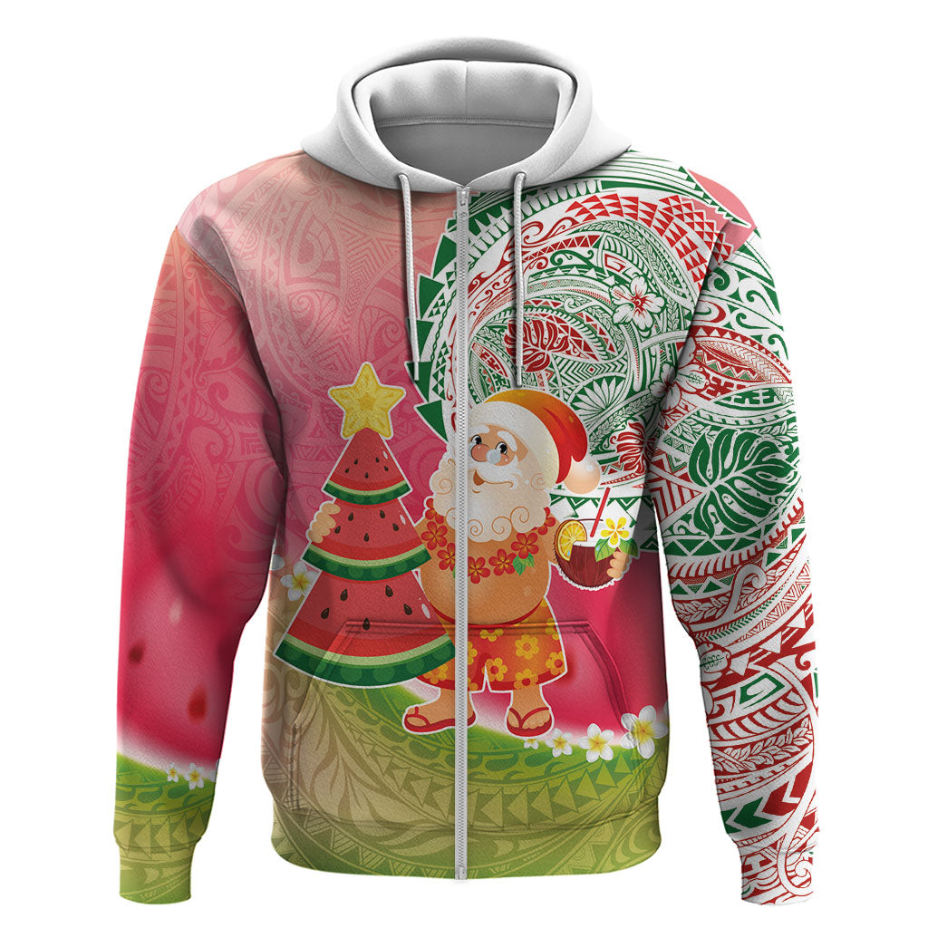 Hawaiian Watermelon Mele Kalikimaka Zip Hoodie Tropical Tribal Pattern with Funny Santa Claus LT03 Zip Hoodie Multicolor - Polynesian Pride