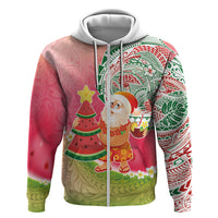 Hawaiian Watermelon Mele Kalikimaka Zip Hoodie Tropical Tribal Pattern with Funny Santa Claus LT03 Zip Hoodie Multicolor - Polynesian Pride