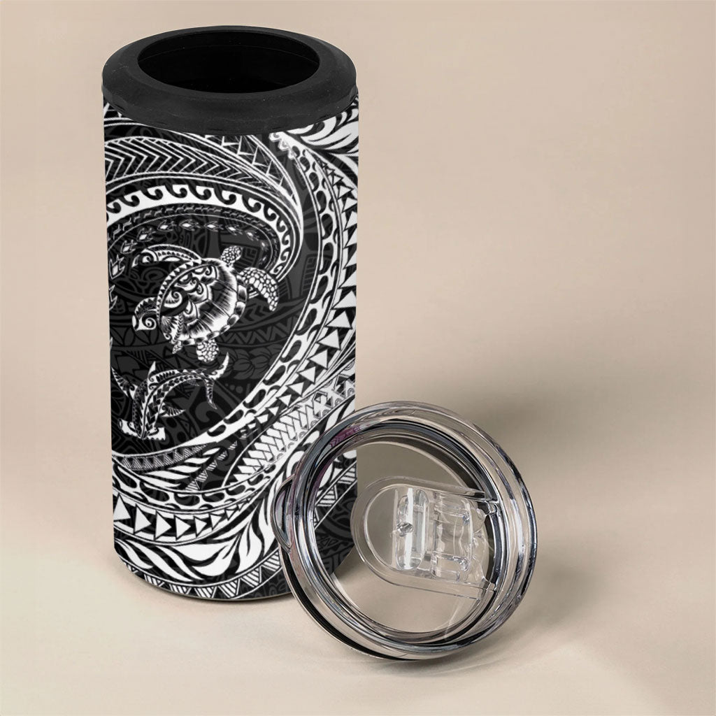 Hawaiian Turtle and Shark 4 in 1 Can Cooler Tumbler Kakau Tribal with Polynesian Pattern Black Color LT03 - Polynesian Pride