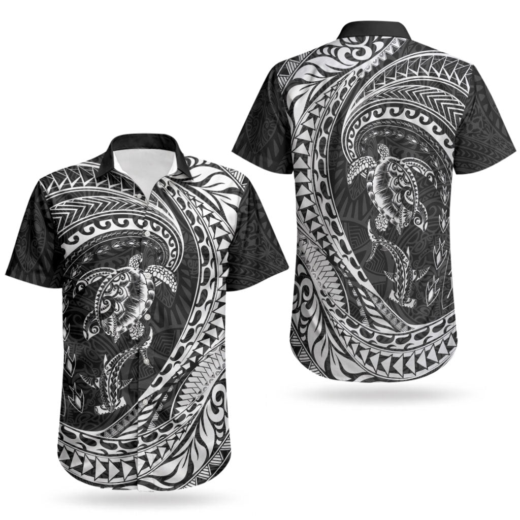 Hawaiian Turtle and Shark Couples Matching Tank Maxi Dress and Hawaiian Shirt Kakau Tribal with Polynesian Pattern Black Color LT03 - Polynesian Pride