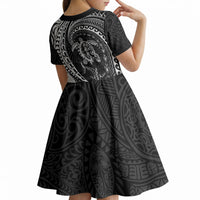 Hawaiian Turtle and Shark Kid Short Sleeve Dress Kakau Tribal with Polynesian Pattern Black Color LT03 - Polynesian Pride