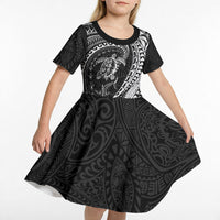 Hawaiian Turtle and Shark Kid Short Sleeve Dress Kakau Tribal with Polynesian Pattern Black Color LT03 - Polynesian Pride