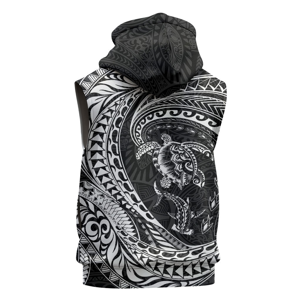 Hawaiian Turtle and Shark Sleeveless Zip Hoodie Kakau Tribal with Polynesian Pattern Black Color LT03 - Polynesian Pride