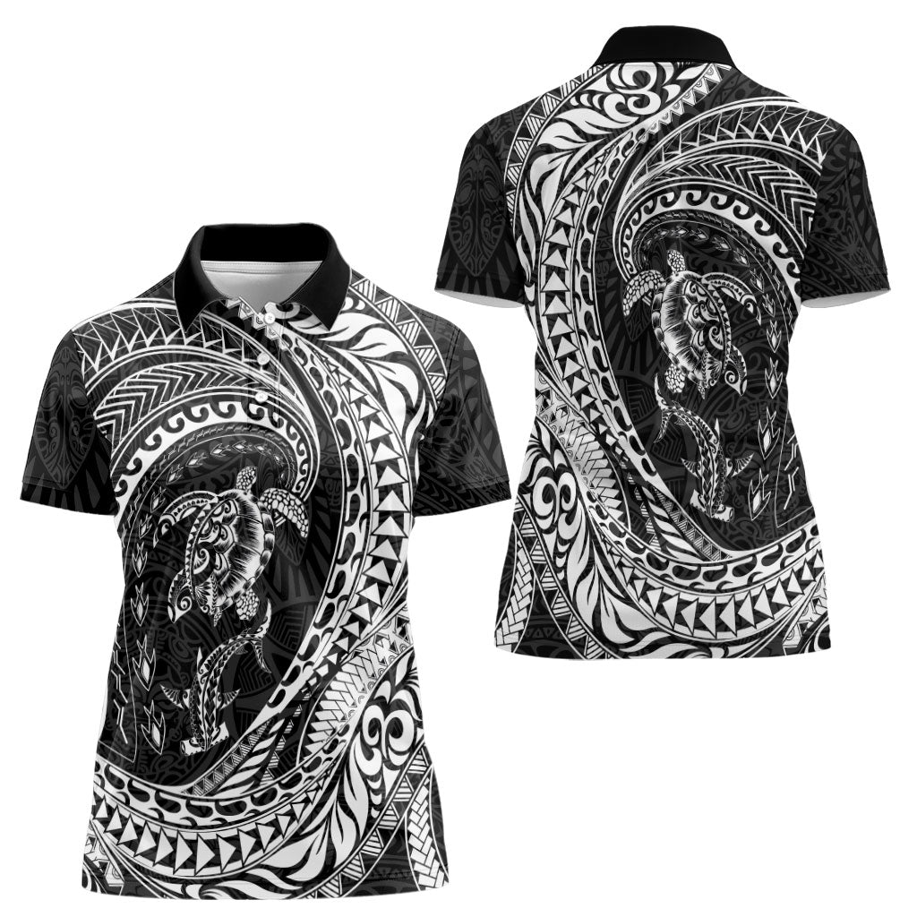 Hawaiian Turtle and Shark Women Polo Shirt Kakau Tribal with Polynesian Pattern Black Color