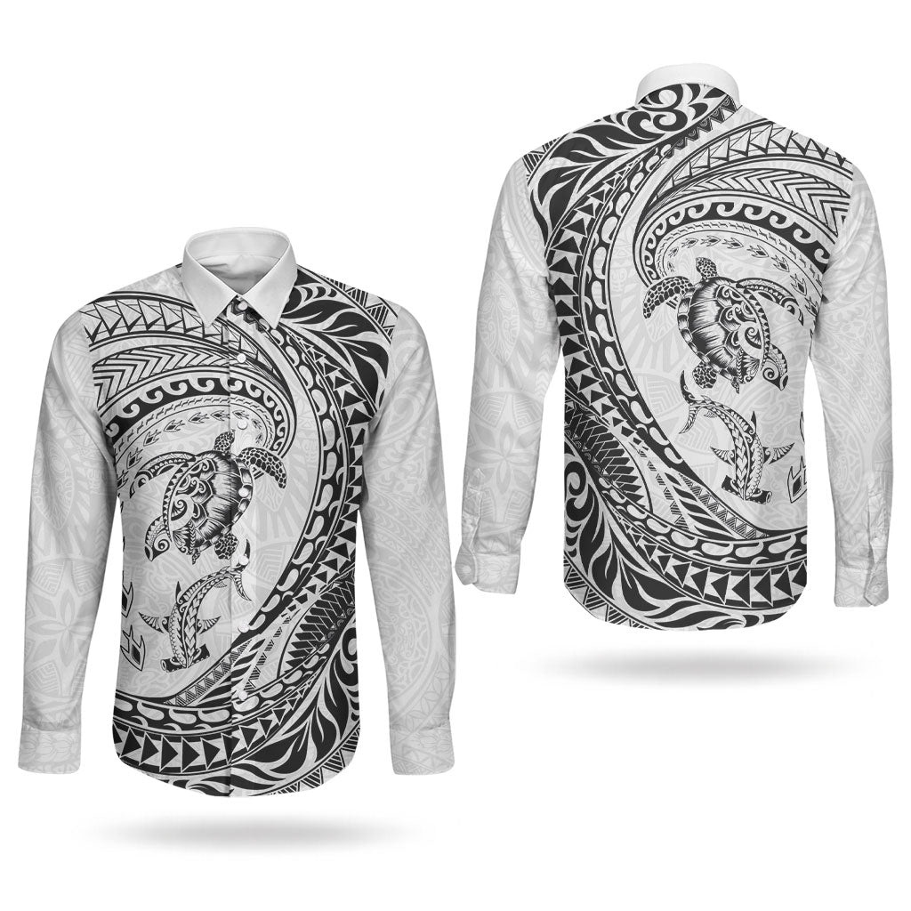 Hawaiian Turtle and Shark Couples Matching Off Shoulder Maxi Dress and Long Sleeve Button Shirt Kakau Tribal with Polynesian Pattern White Color LT03 - Polynesian Pride