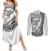 Hawaiian Turtle and Shark Couples Matching Summer Maxi Dress and Long Sleeve Button Shirt Kakau Tribal with Polynesian Pattern White Color LT03 White - Polynesian Pride