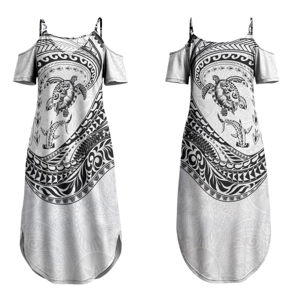 Hawaiian Turtle and Shark Couples Matching Summer Maxi Dress and Long Sleeve Button Shirt Kakau Tribal with Polynesian Pattern White Color LT03 - Polynesian Pride