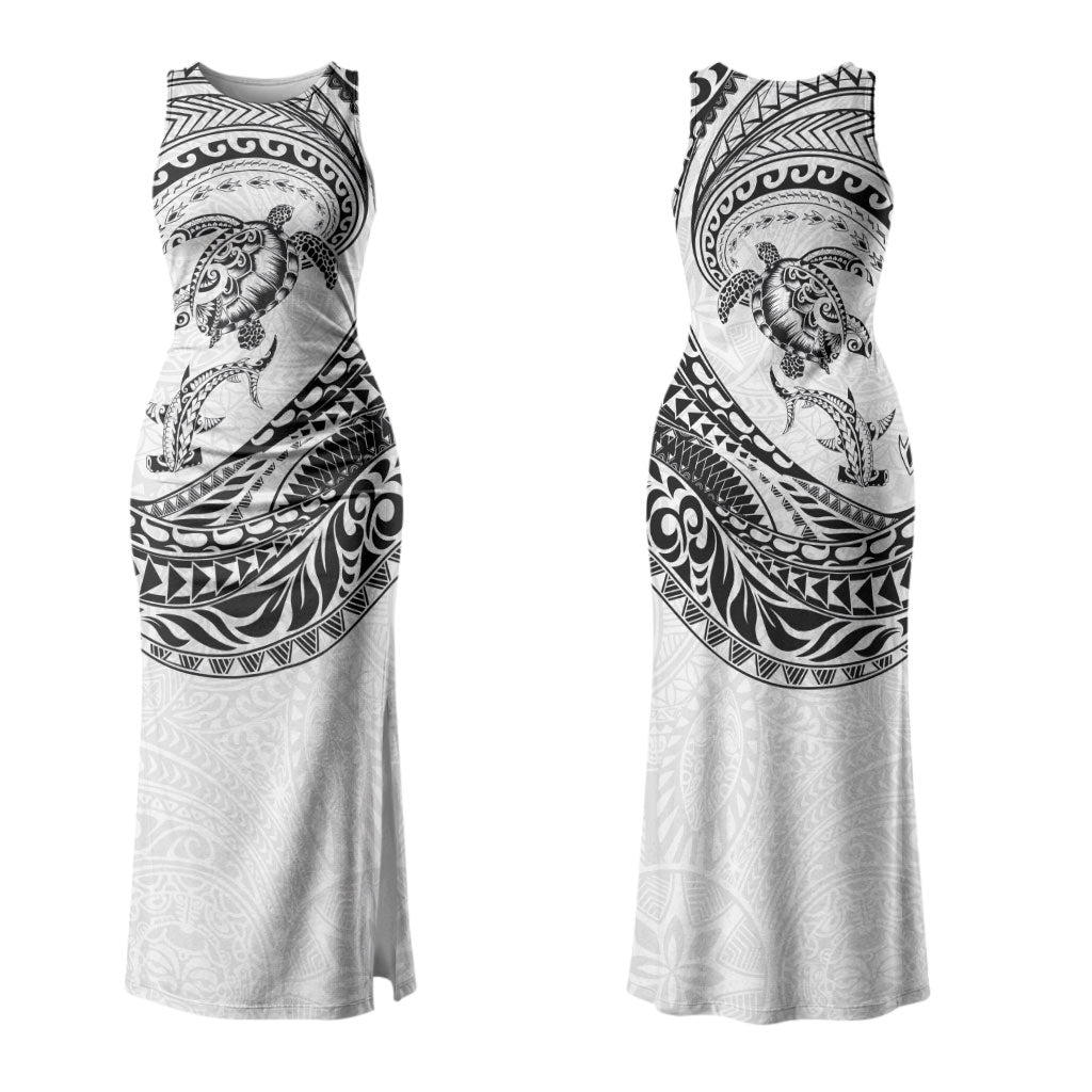 Hawaiian Turtle and Shark Couples Matching Tank Maxi Dress and Long Sleeve Button Shirt Kakau Tribal with Polynesian Pattern White Color LT03 - Polynesian Pride