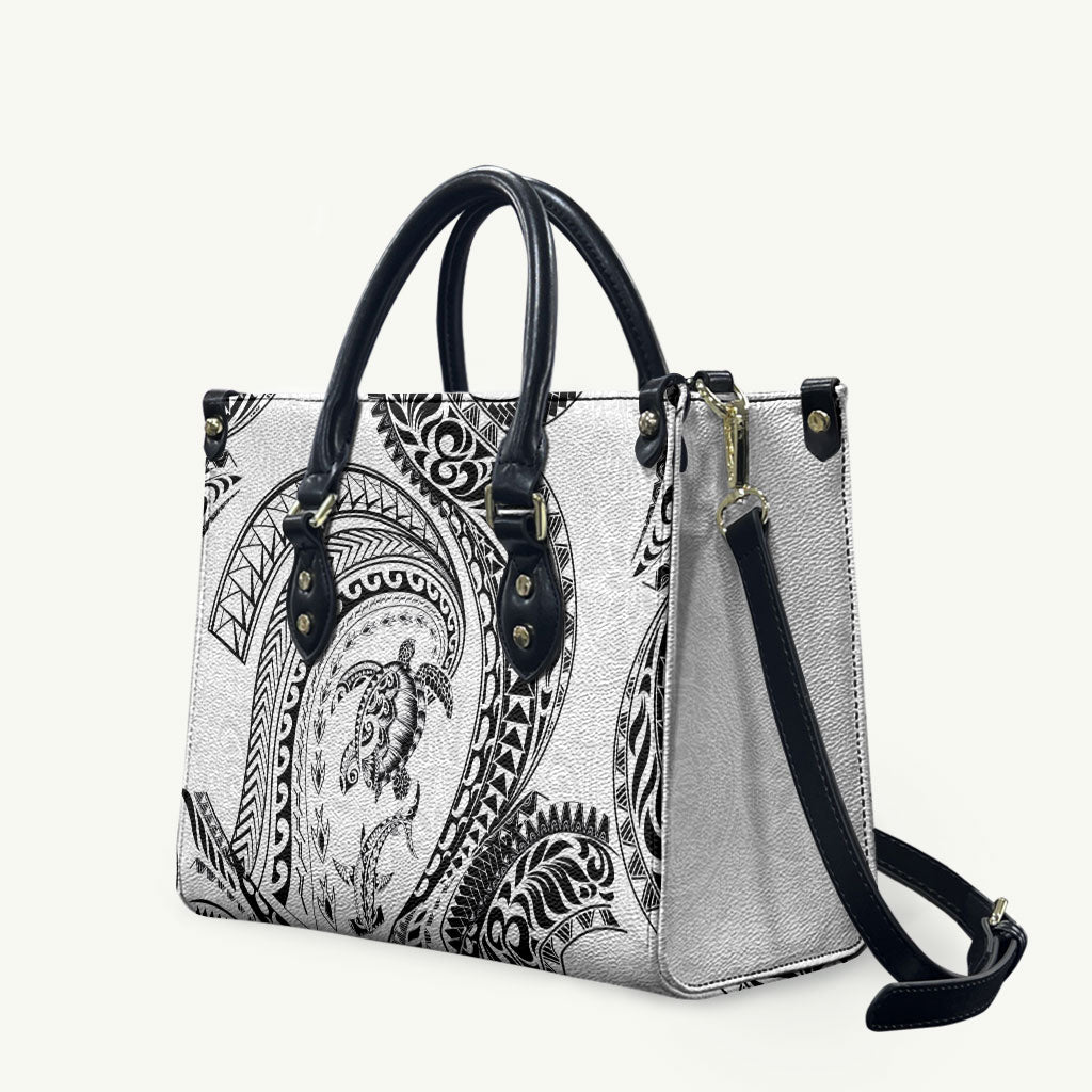 Hawaiian Turtle and Shark Leather Bag Kakau Tribal with Polynesian Pattern White Color