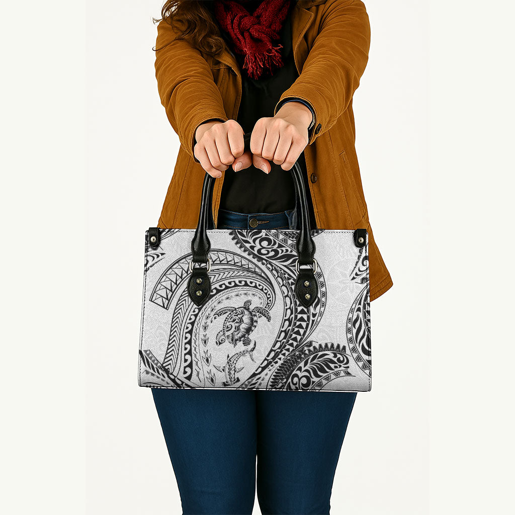 Hawaiian Turtle and Shark Leather Bag Kakau Tribal with Polynesian Pattern White Color
