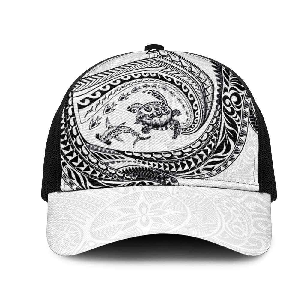 Hawaiian Turtle and Shark Mesh Trucker Cap Kakau Tribal with Polynesian Pattern White Color LT03 One Size Black White - Polynesian Pride
