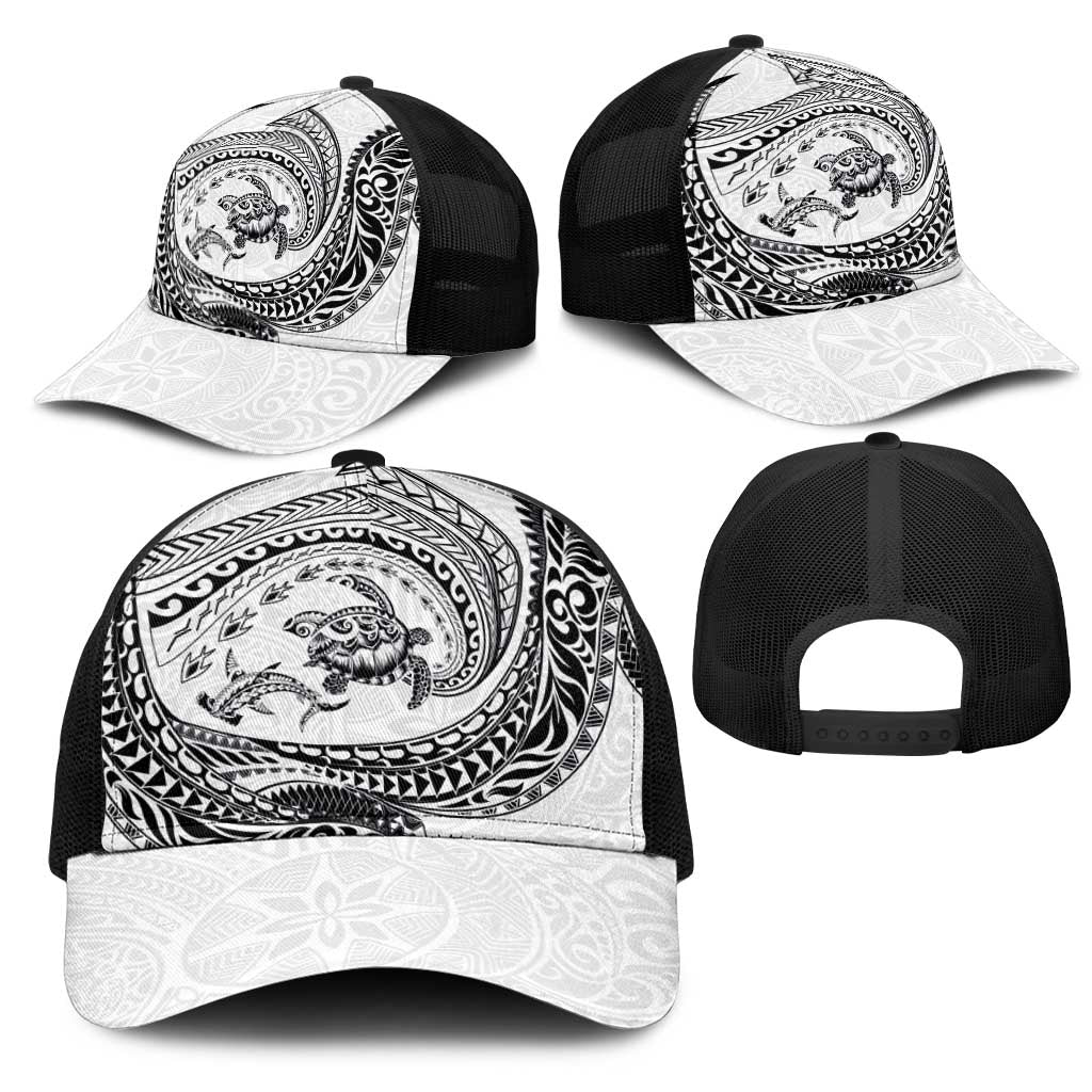 Hawaiian Turtle and Shark Mesh Trucker Cap Kakau Tribal with Polynesian Pattern White Color LT03 - Polynesian Pride