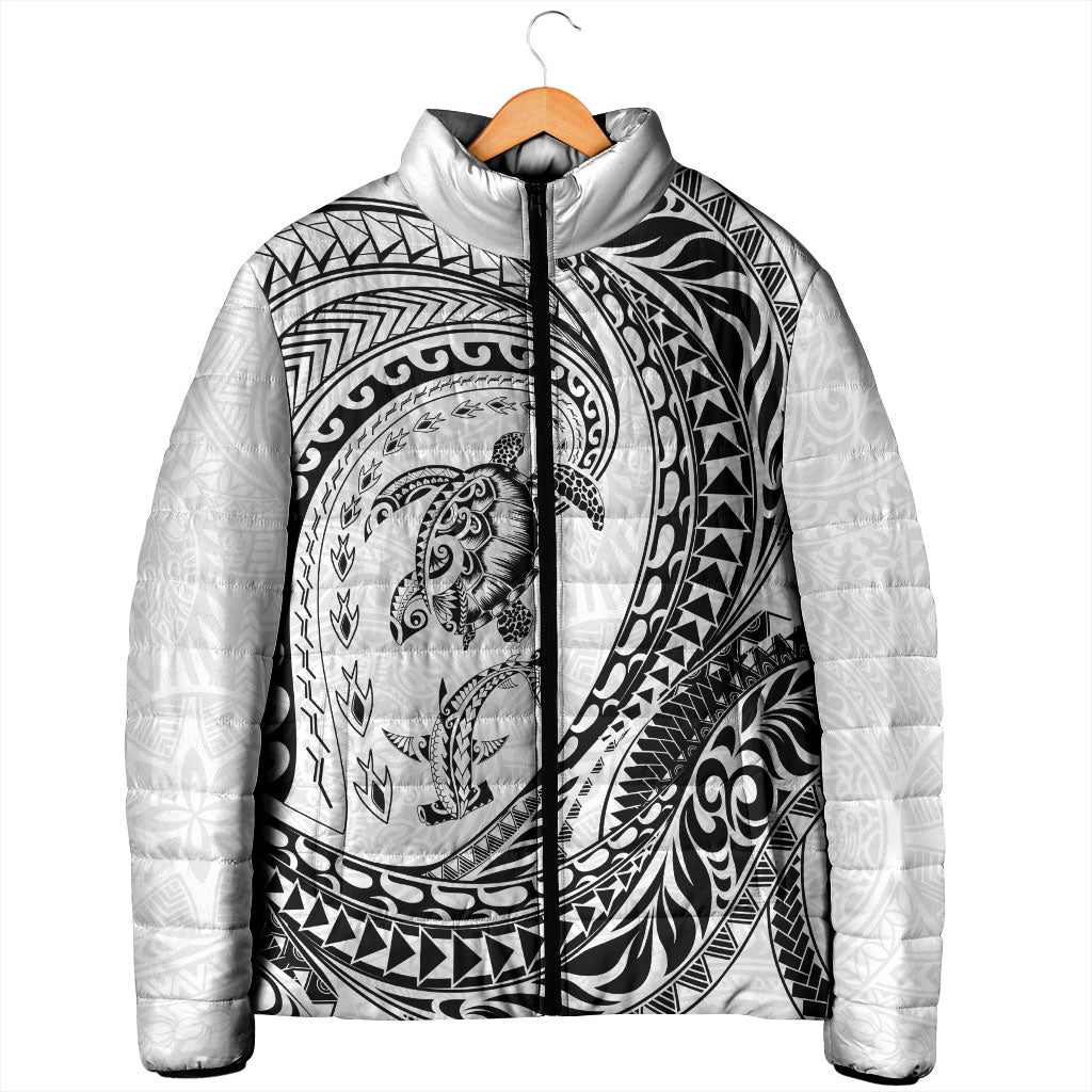 Hawaiian Turtle and Shark Padded Jacket Kakau Tribal with Polynesian Pattern White Color LT03 - Polynesian Pride