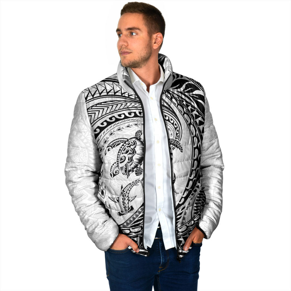 Hawaiian Turtle and Shark Padded Jacket Kakau Tribal with Polynesian Pattern White Color LT03 - Polynesian Pride