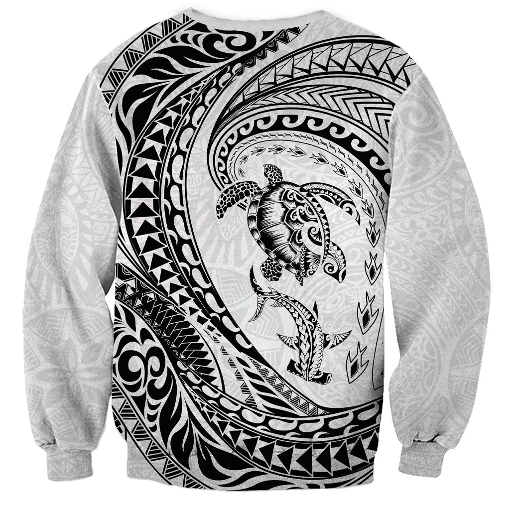 Hawaiian Turtle and Shark Sweatshirt Kakau Tribal with Polynesian Pattern White Color LT03 - Polynesian Pride