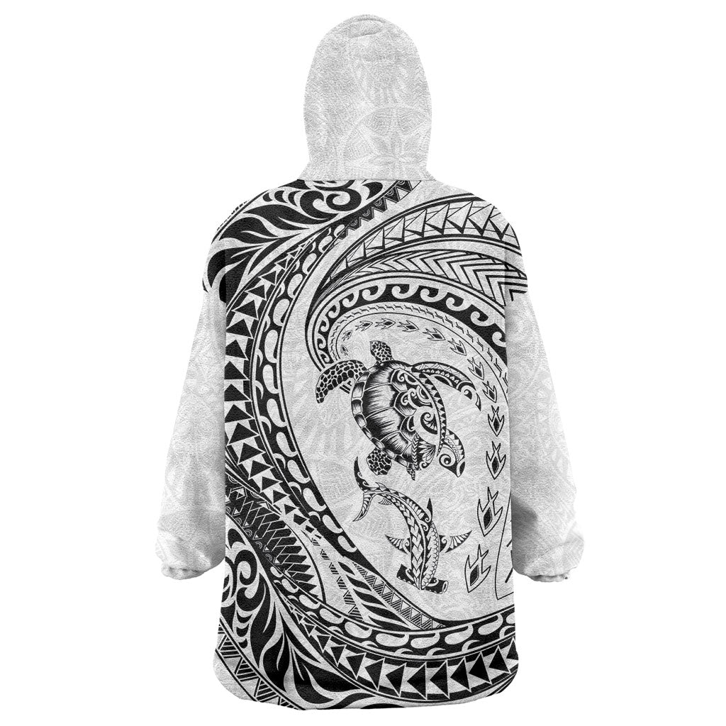 Hawaiian Turtle and Shark Wearable Blanket Hoodie Kakau Tribal with Polynesian Pattern White Color LT03 - Polynesian Pride