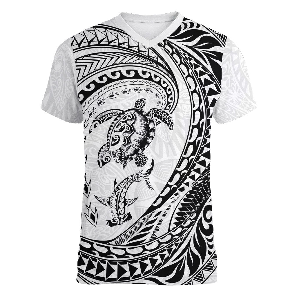 Hawaiian Turtle and Shark Women V-Neck T-Shirt Kakau Tribal with Polynesian Pattern White Color LT03 Female White - Polynesian Pride