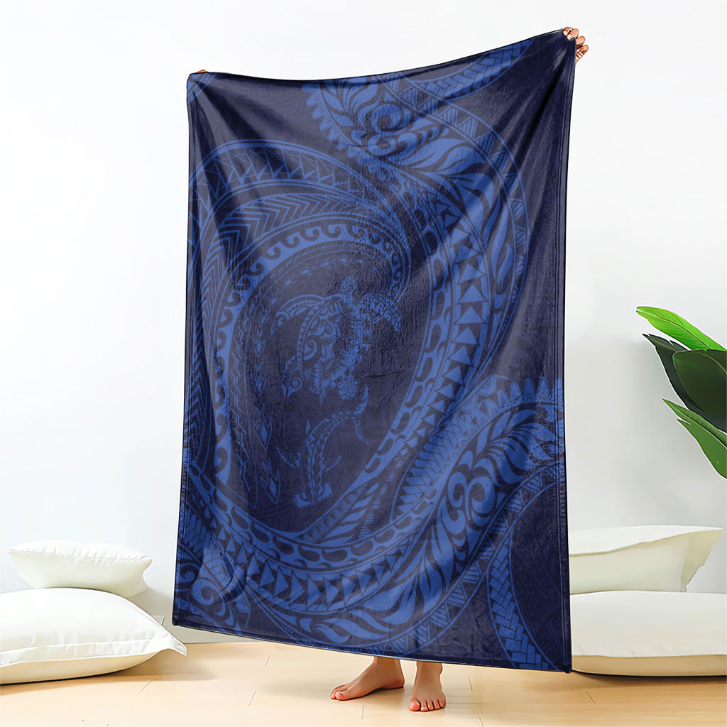 Hawaiian Turtle and Shark Blanket Kakau Tribal with Polynesian Pattern Blue Color LT03 - Polynesian Pride