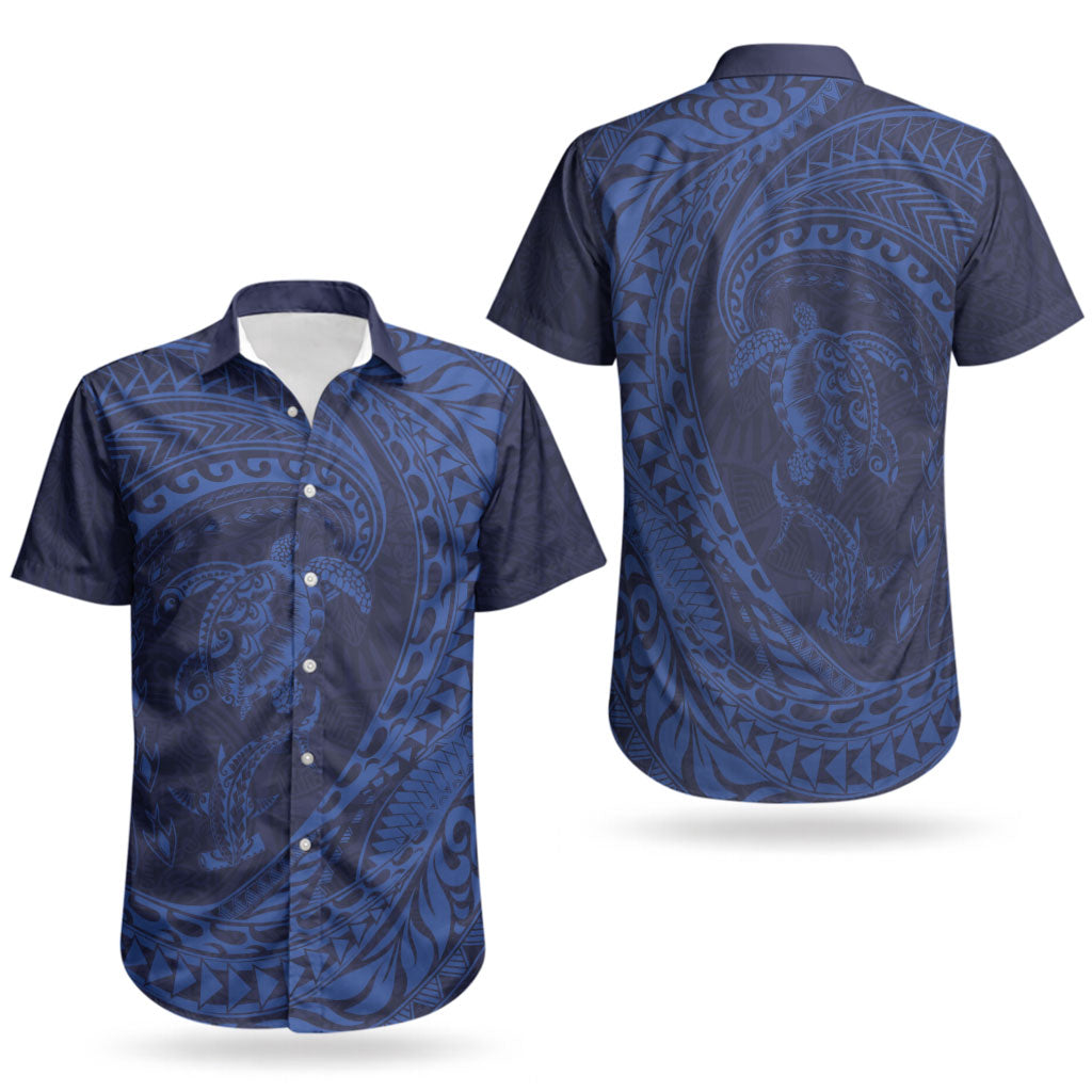Hawaiian Turtle and Shark Couples Matching Mermaid Dress and Hawaiian Shirt Kakau Tribal with Polynesian Pattern Blue Color LT03 - Polynesian Pride