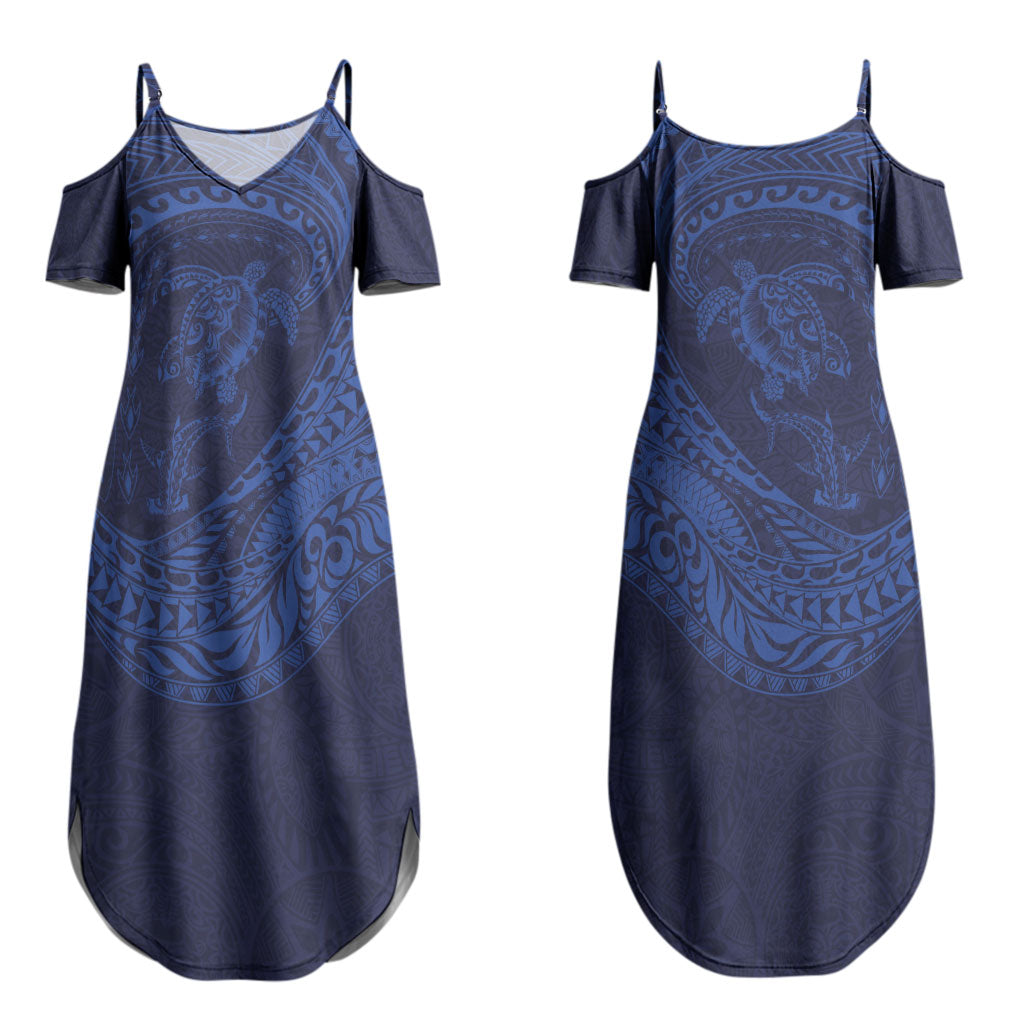 Hawaiian Turtle and Shark Couples Matching Summer Maxi Dress and Long Sleeve Button Shirt Kakau Tribal with Polynesian Pattern Blue Color LT03 - Polynesian Pride
