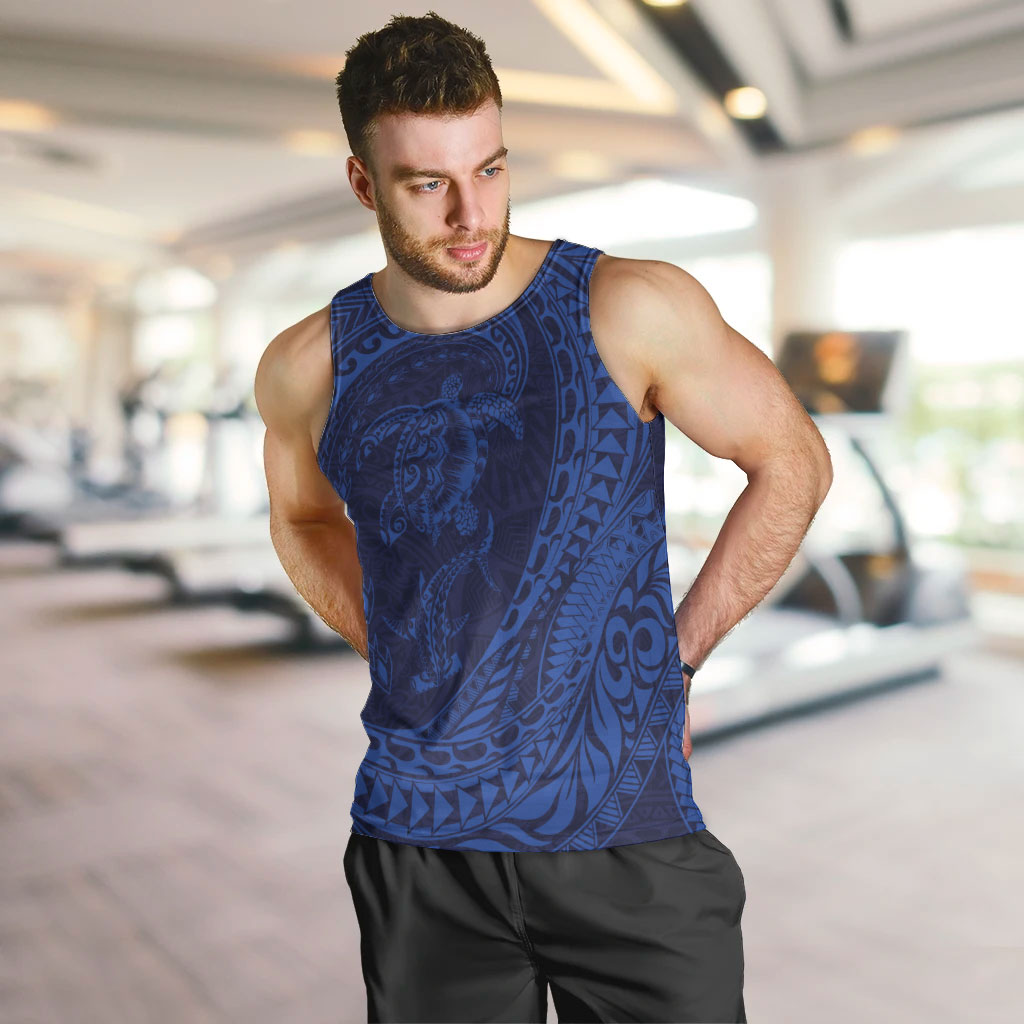 Hawaiian Turtle and Shark Men Tank Top Kakau Tribal with Polynesian Pattern Blue Color LT03 Blue - Polynesian Pride
