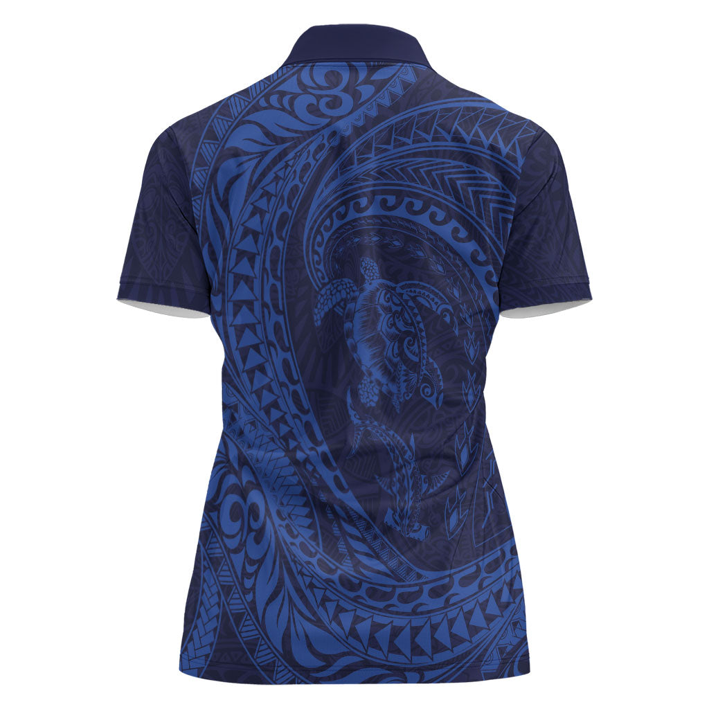 Hawaiian Turtle and Shark Women Polo Shirt Kakau Tribal with Polynesian Pattern Blue Color LT03 - Polynesian Pride