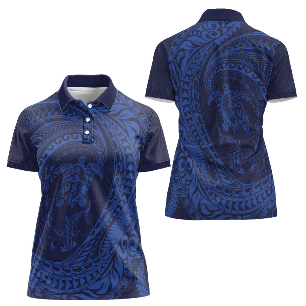 Hawaiian Turtle and Shark Women Polo Shirt Kakau Tribal with Polynesian Pattern Blue Color LT03 - Polynesian Pride