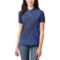 Hawaiian Turtle and Shark Women Polo Shirt Kakau Tribal with Polynesian Pattern Blue Color LT03 - Polynesian Pride