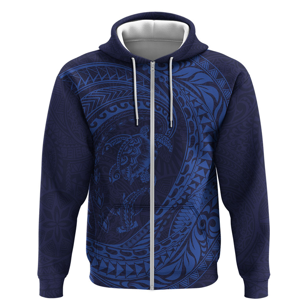 Hawaiian Turtle and Shark Zip Hoodie Kakau Tribal with Polynesian Pattern Blue Color LT03 Zip Hoodie Blue - Polynesian Pride