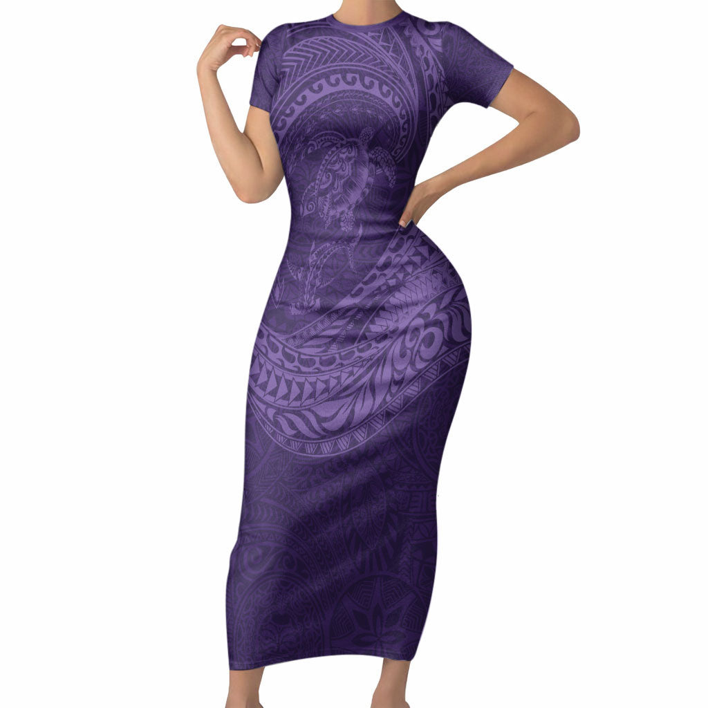 Hawaiian Turtle and Shark Short Sleeve Bodycon Dress Kakau Tribal with Polynesian Pattern Purple Color LT03 Long Dress Purple - Polynesian Pride