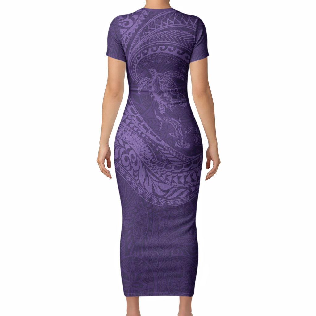 Hawaiian Turtle and Shark Short Sleeve Bodycon Dress Kakau Tribal with Polynesian Pattern Purple Color LT03 - Polynesian Pride