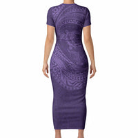 Hawaiian Turtle and Shark Short Sleeve Bodycon Dress Kakau Tribal with Polynesian Pattern Purple Color LT03 - Polynesian Pride
