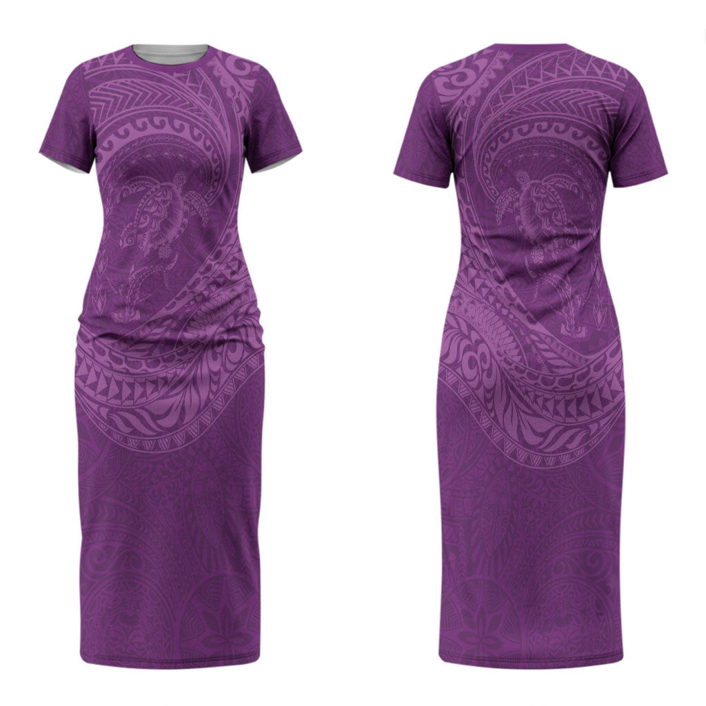 Hawaiian Turtle and Shark Couples Matching Short Sleeve Bodycon Dress and Long Sleeve Button Shirt Kakau Tribal with Polynesian Pattern Pink Color LT03 - Polynesian Pride