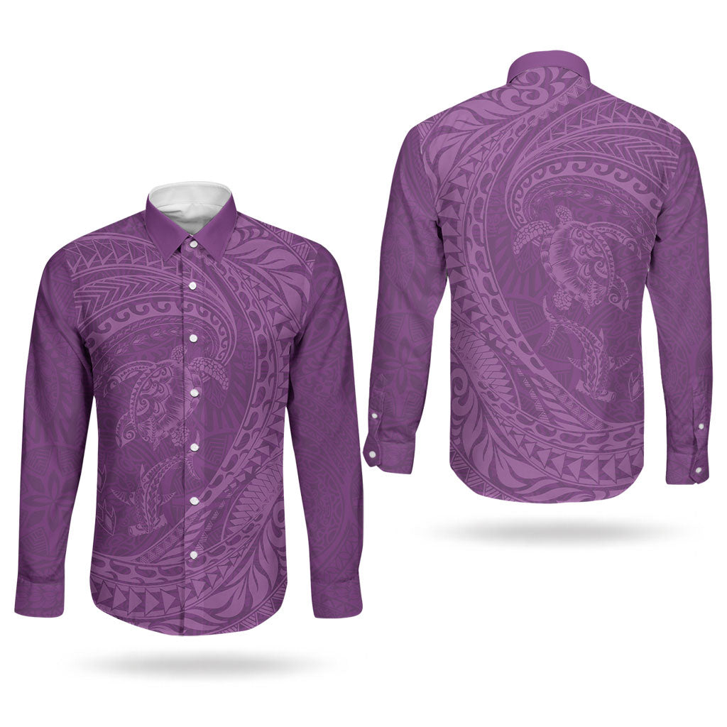 Hawaiian Turtle and Shark Couples Matching Summer Maxi Dress and Long Sleeve Button Shirt Kakau Tribal with Polynesian Pattern Pink Color LT03 - Polynesian Pride
