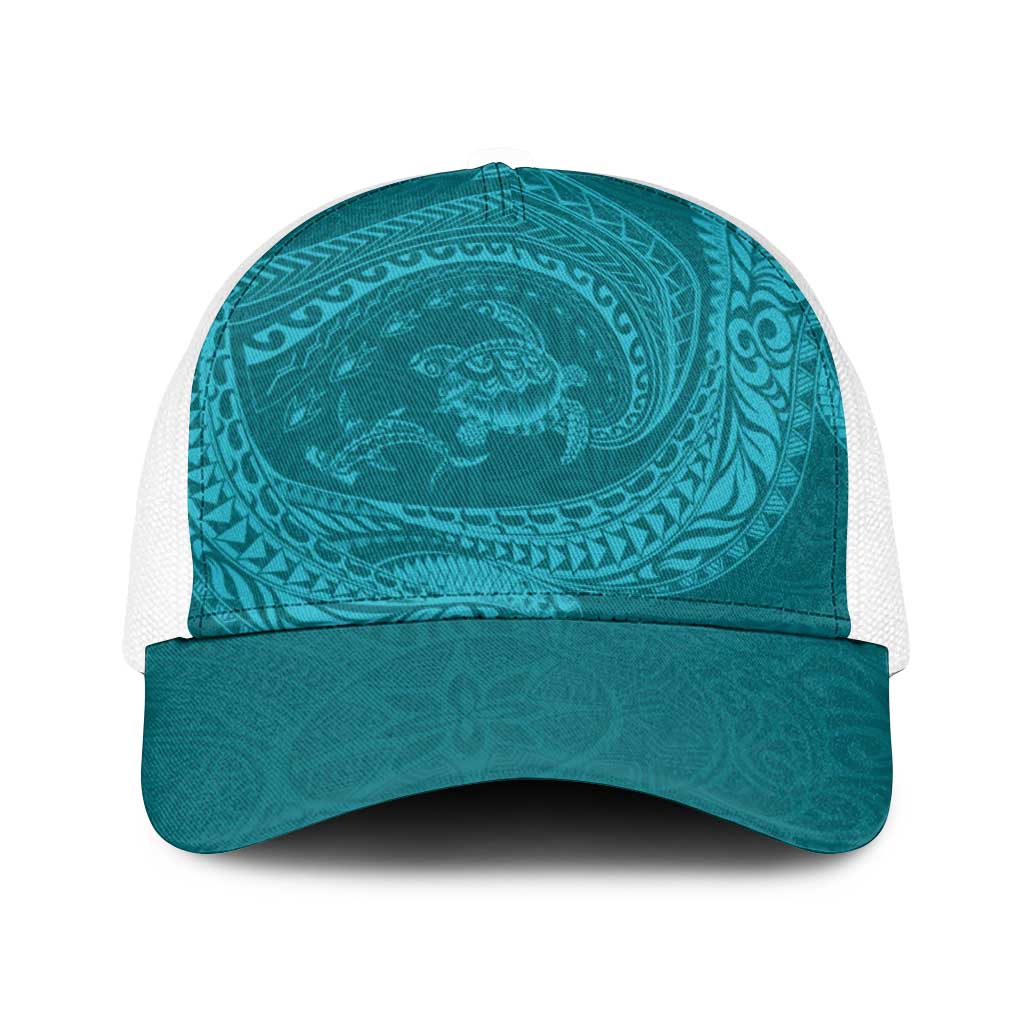 Hawaiian Turtle and Shark Baseball Net Cap Kakau Tribal with Polynesian Pattern Turquoise Color LT03 One Size White Turquoise - Polynesian Pride