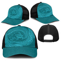 Hawaiian Turtle and Shark Baseball Net Cap Kakau Tribal with Polynesian Pattern Turquoise Color LT03 - Polynesian Pride