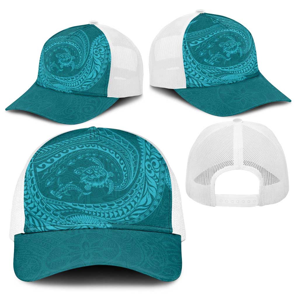 Hawaiian Turtle and Shark Baseball Net Cap Kakau Tribal with Polynesian Pattern Turquoise Color LT03 - Polynesian Pride
