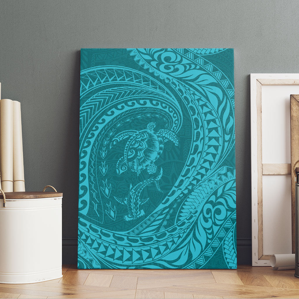 Hawaiian Turtle and Shark Canvas Wall Art Kakau Tribal with Polynesian Pattern Turquoise Color LT03 - Polynesian Pride