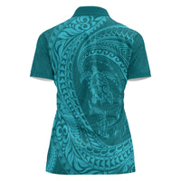 Hawaiian Turtle and Shark Women Polo Shirt Kakau Tribal with Polynesian Pattern Turquoise Color LT03 - Polynesian Pride