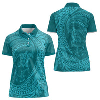 Hawaiian Turtle and Shark Women Polo Shirt Kakau Tribal with Polynesian Pattern Turquoise Color LT03 - Polynesian Pride