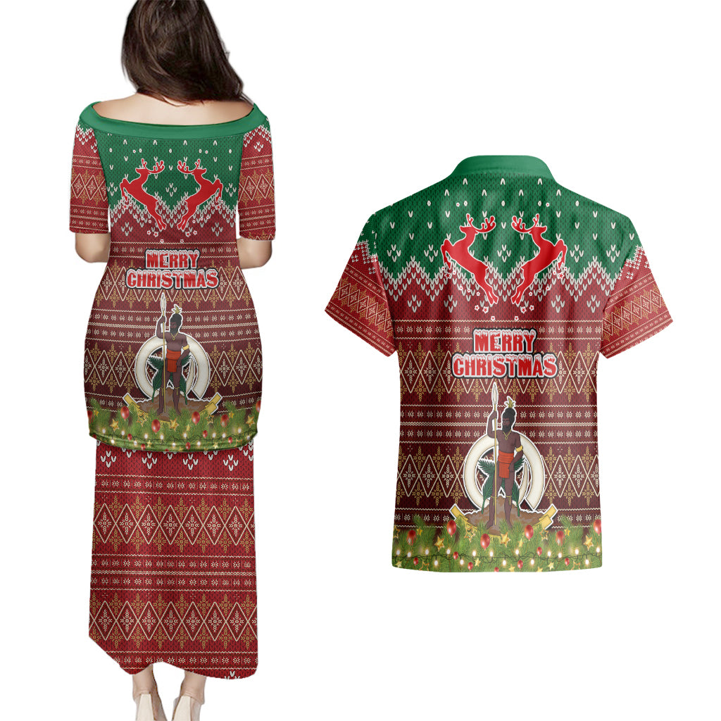 Vanuatu Christmas Couples Matching Puletasi Dress and Hawaiian Shirt Pig Tusk Beautiful Merry Xmas Snowflake LT03 - Polynesian Pride