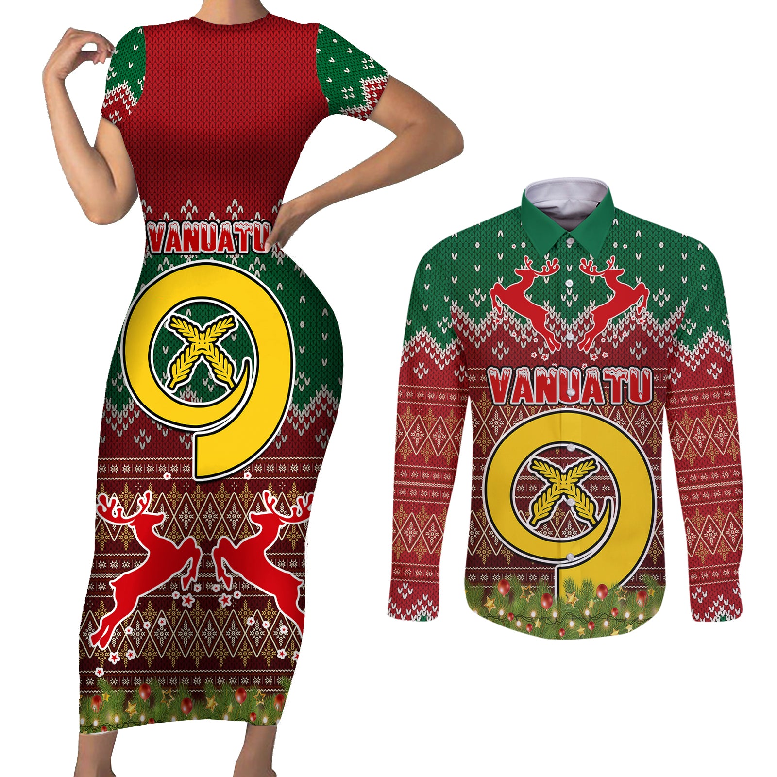Vanuatu Christmas Couples Matching Short Sleeve Bodycon Dress and Long Sleeve Button Shirts Pig Tusk Beautiful Merry Xmas Snowflake LT03 Red - Polynesian Pride